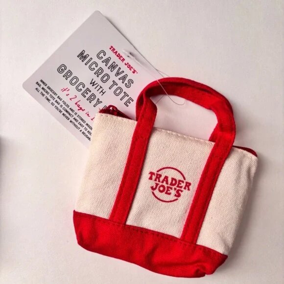 New Trader Joe's canvas micro tote with grocery bag set green navy red mini bag - Picture 6 of 7